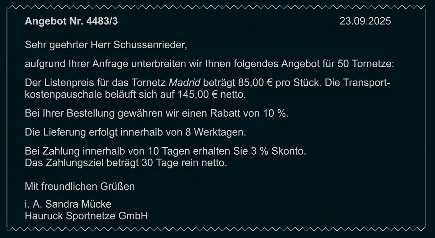 Angebotsschreiben für Tornetze mit Preisangaben und Lieferbedingungen